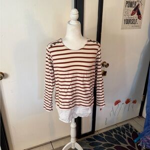 Striped Button-Shoulder Layered Hem Top - Rust & White